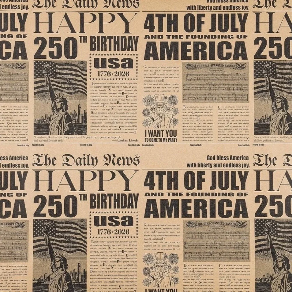 USA 250th Birthday Vintage Newspaper Kraft Wrapping‎ Paper 17in Patriotic Roll